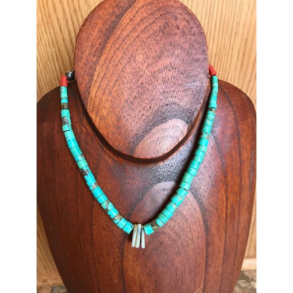 Vtg Necklace Graduated Disc Turquoise & Shell With Mother Of Pearl Discs - Picture 1 of 10